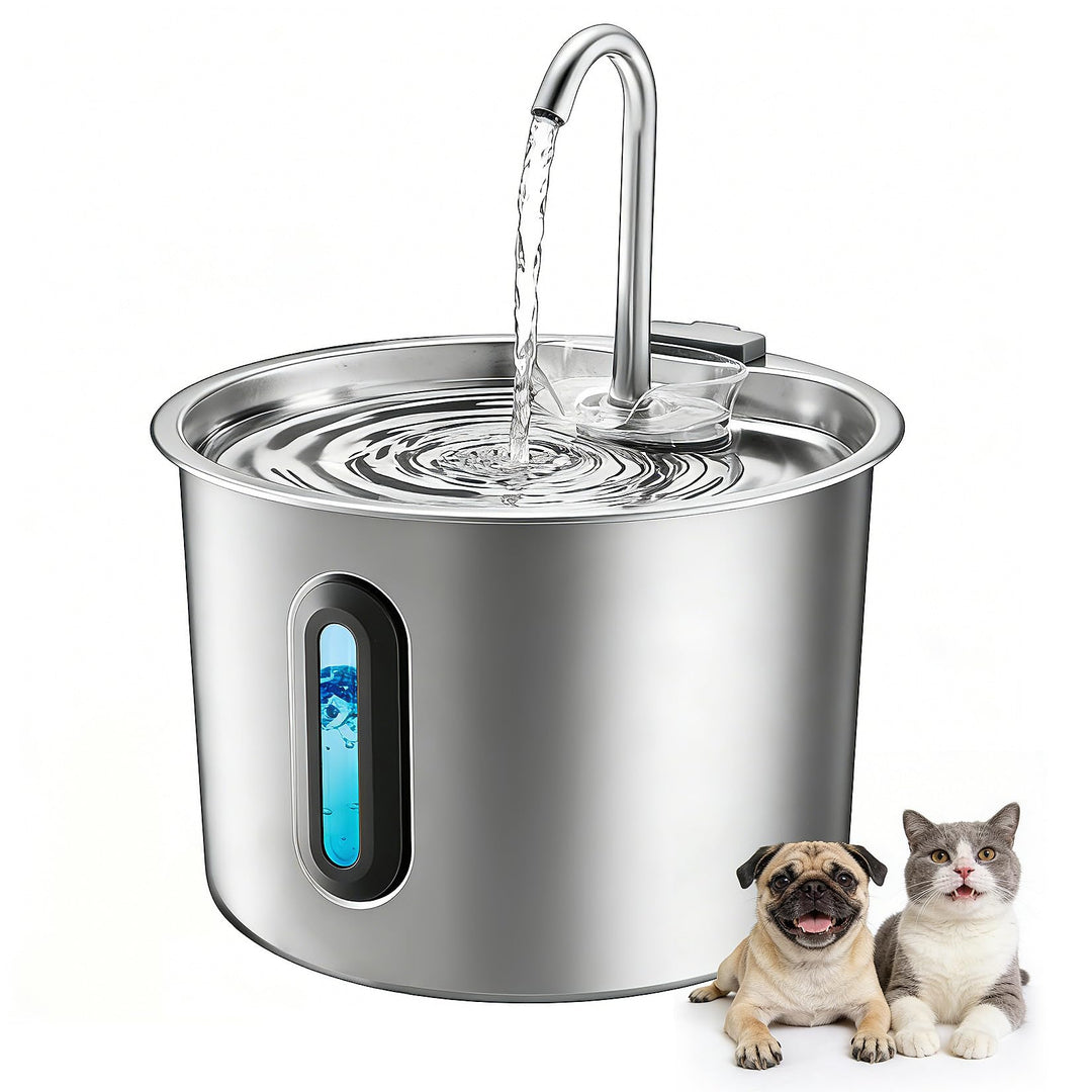 Katzenbrunnen Edelstahl 2.2L, Rever Ultraleiser Trinkbrunnen für Katzen mit Wasserstandsfenster, 3-S