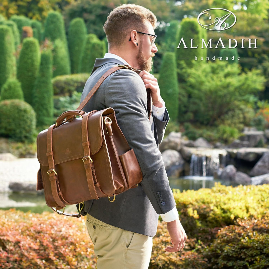 ALMADIH Leder Multifunktionstasche WALKER Aktentasche, Rucksack + Umhängetasche in einem! Handgefert