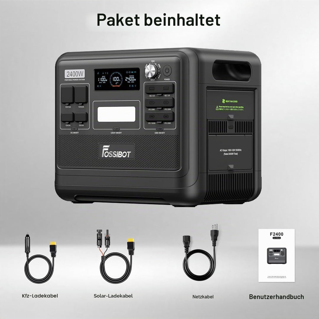 FOSSIBOT F2400 Solargenerator 2400W mit 420W Solarpanel, Tragbare Powerstation 2048Wh LiFePO4 Batter