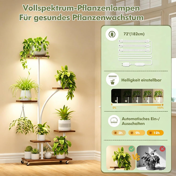 HAUSPROFI Pflanzenständer mit Wachstumslicht, Blumenständer 6 Stöckiges 125cm, Pflanzenregal Metall