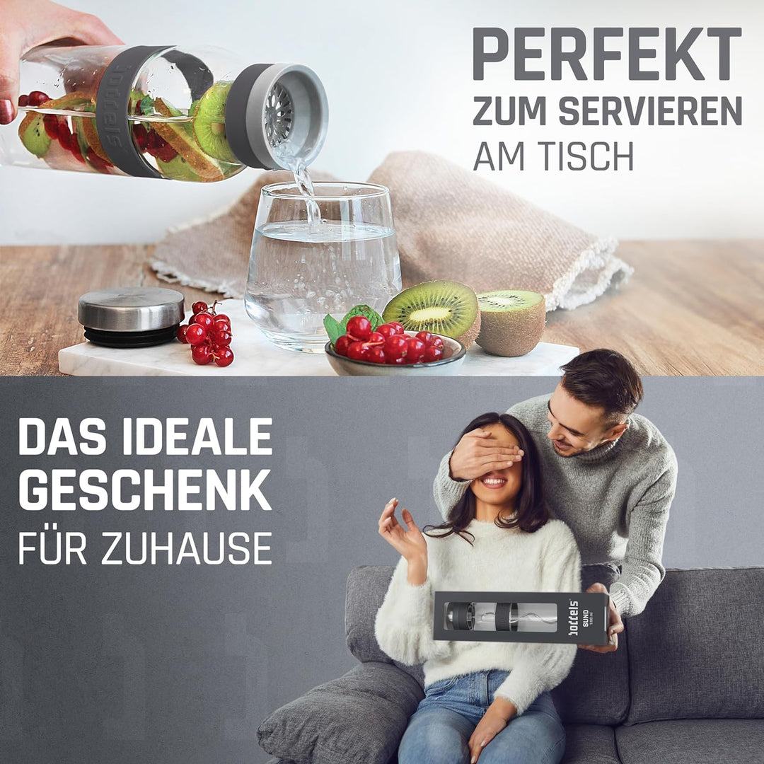 boddels Glaskaraffe mit Deckel und Sieb 1.100ml, rutschfester Griff, Glaskaraffe mit Fruchteinsatz,