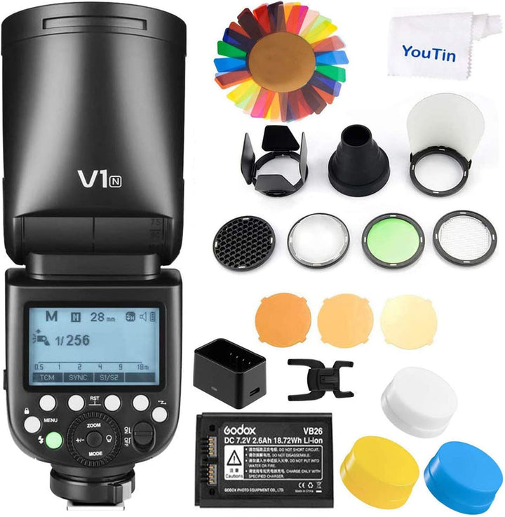 Godox V1N Rundblitz, TTL, Aufsteckblitz, Speedlite, 2,4G, HSS 1/8000S, mit Godox AK-R1 Kit für Nikon