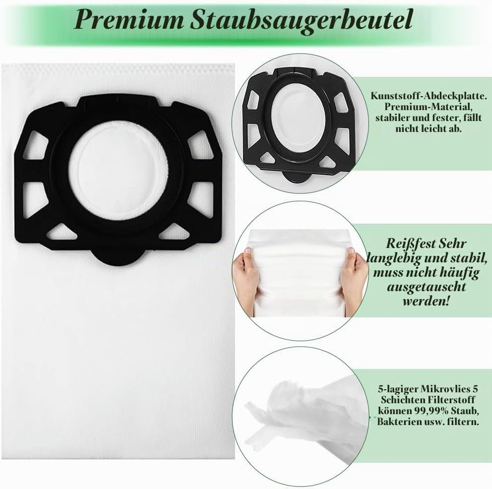 Ruucy 10 Staubsaugerbeutel für Kärcher WD5 WD4 WD6 MV4 MV5 MV6, Schmutzfangsack und Flachfaltenfilte