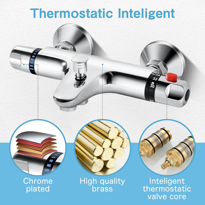 Duscharmatur mit Thermostat aus Messing, Chrom Mischbatterie und Aufputz für Badewanne und Dusche mi