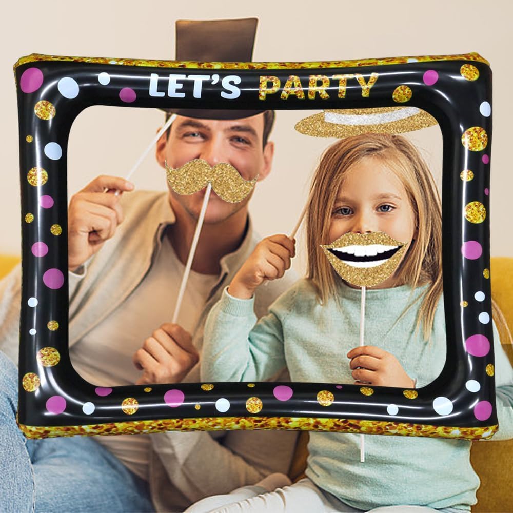 Fotobox Accessoires Aufblasbarer Fotorahmen mit 30 Stück Schwarz Gold Lustige Foto Requisiten Bilder