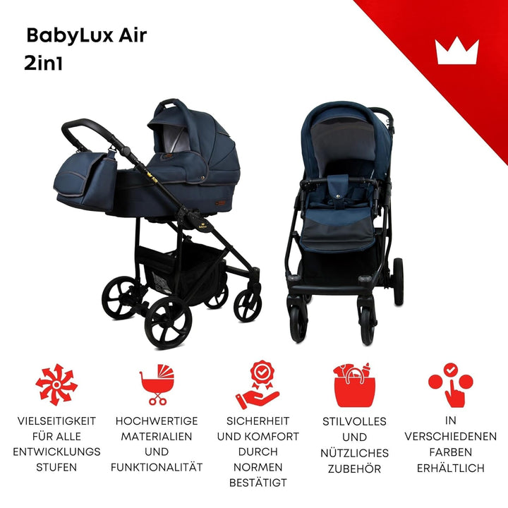 BabyLux® Kinderwagen Set 2 in 1 - Air - Antracyt - incl. Babywanne, Buggy Sportsitz - Kinderwagenset