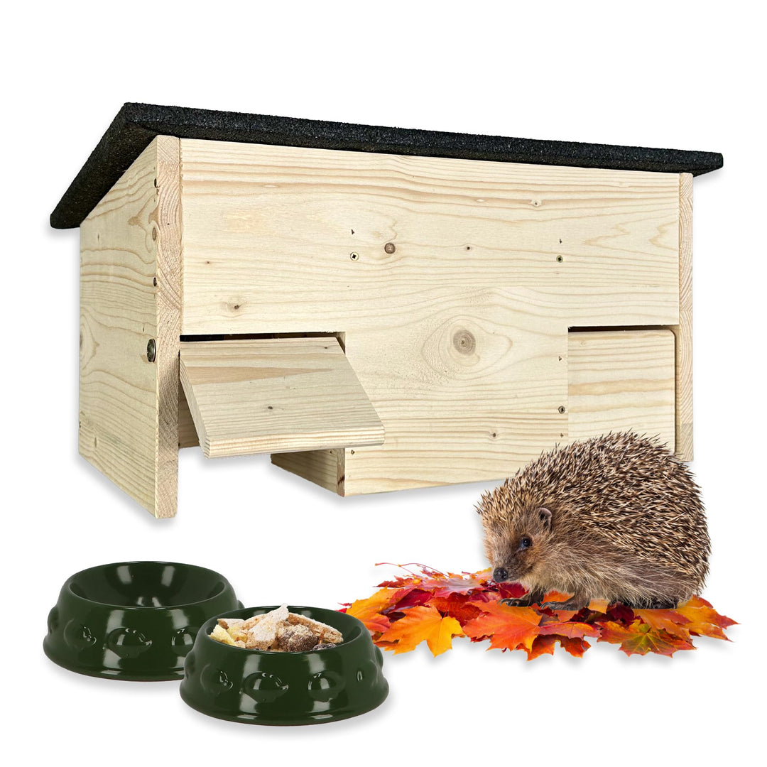 GARTENETAGE Igel-Futterhaus aus Holz mit Rattenklappen &amp; 2er Schalen-Set – Wetterfeste Futterstation