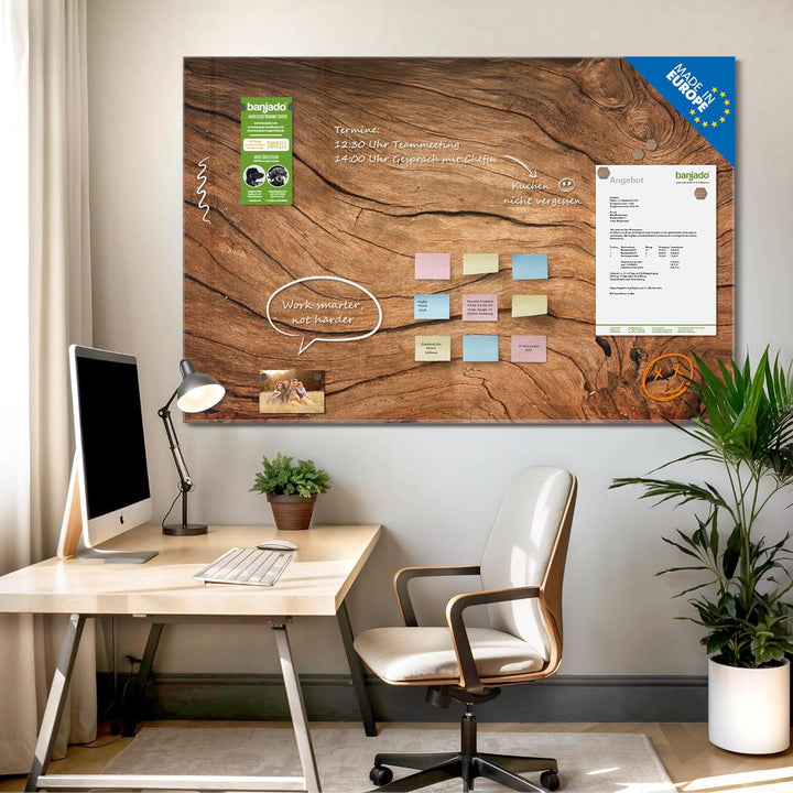 banjado® Glas Magnettafel mit 4 Magneten - Magnetwand 60x40cm mit Motiv Trockenes Holz - Memoboard/P