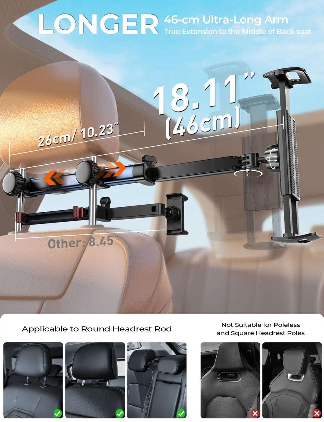 TRYONE Tablet Halterung Auto Kopfstütze - [46cm Langarm] [3 in 1 Ausziehbare] KFZ Tablethalterungen