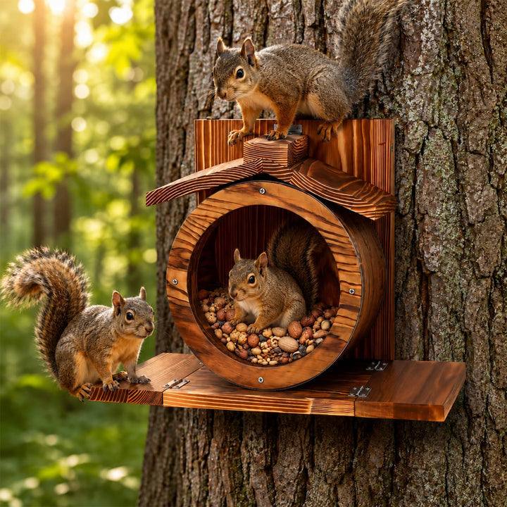 Eichhörnchen Futterstation aus Holz Wandmontage mit grossem Sichtfenster, 7 cm Einstiegsloch, stabil