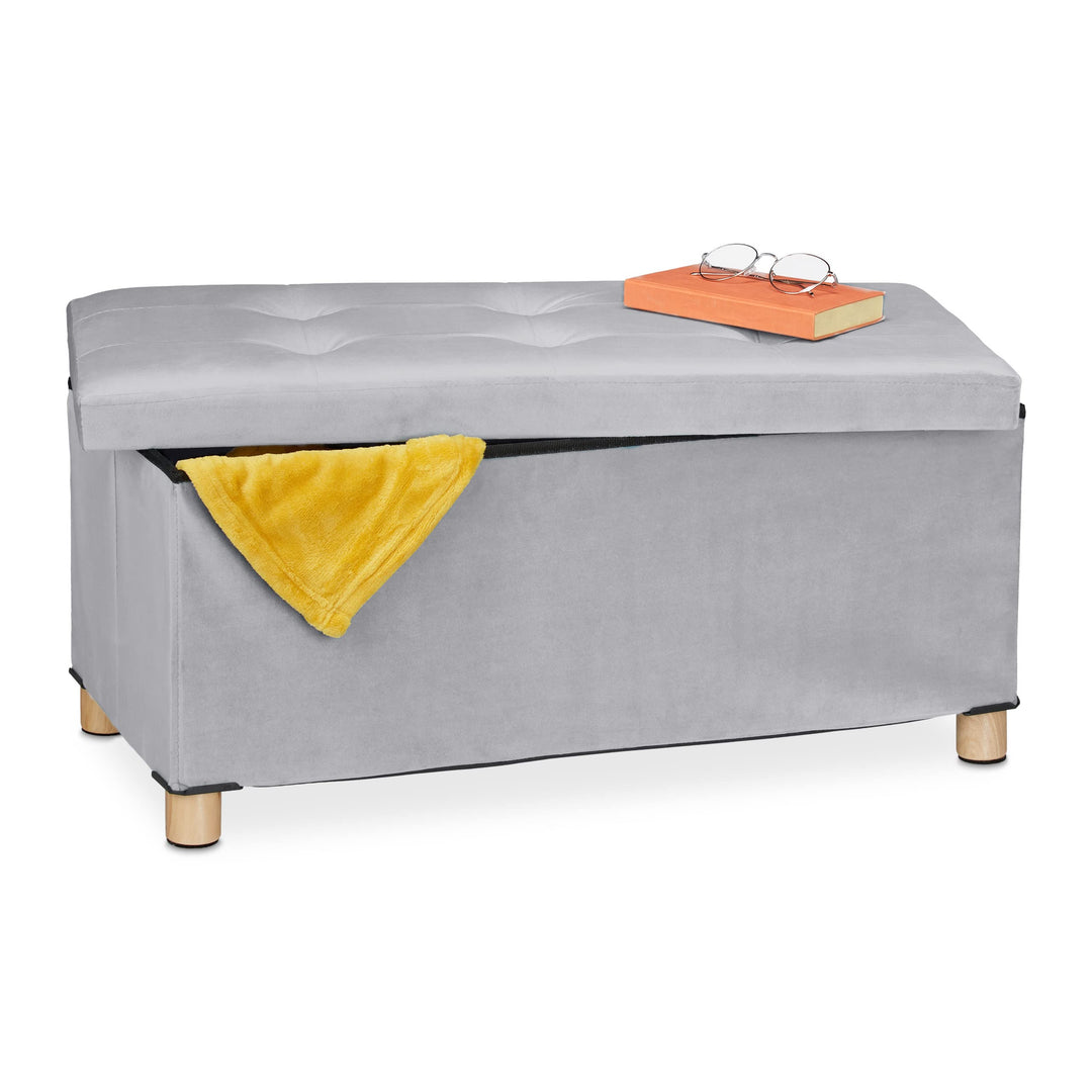 Relaxdays Sitzbank mit Stauraum, Polster, Samtbezug, Holzfüsse, bis 120 kg, faltbar, Sitztruhe HBT: