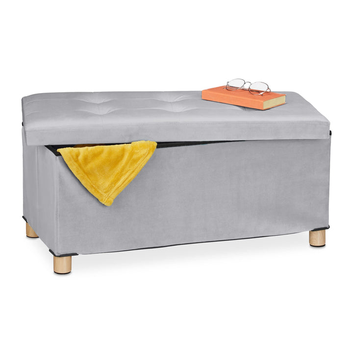 Relaxdays Sitzbank mit Stauraum, Polster, Samtbezug, Holzfüsse, bis 120 kg, faltbar, Sitztruhe HBT: