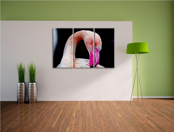 Dark Flamingo beim Putzen Spezial 3-Teiler Leinwandbild 120x80 Bild auf Leinwand, XXL riesige Bilder