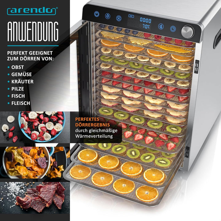 Arendo - Dörrautomat Edelstahl mit 16 Edelstahlgitter - 1000 Watt - 13400 cm² - 8 Programme - Dörrge
