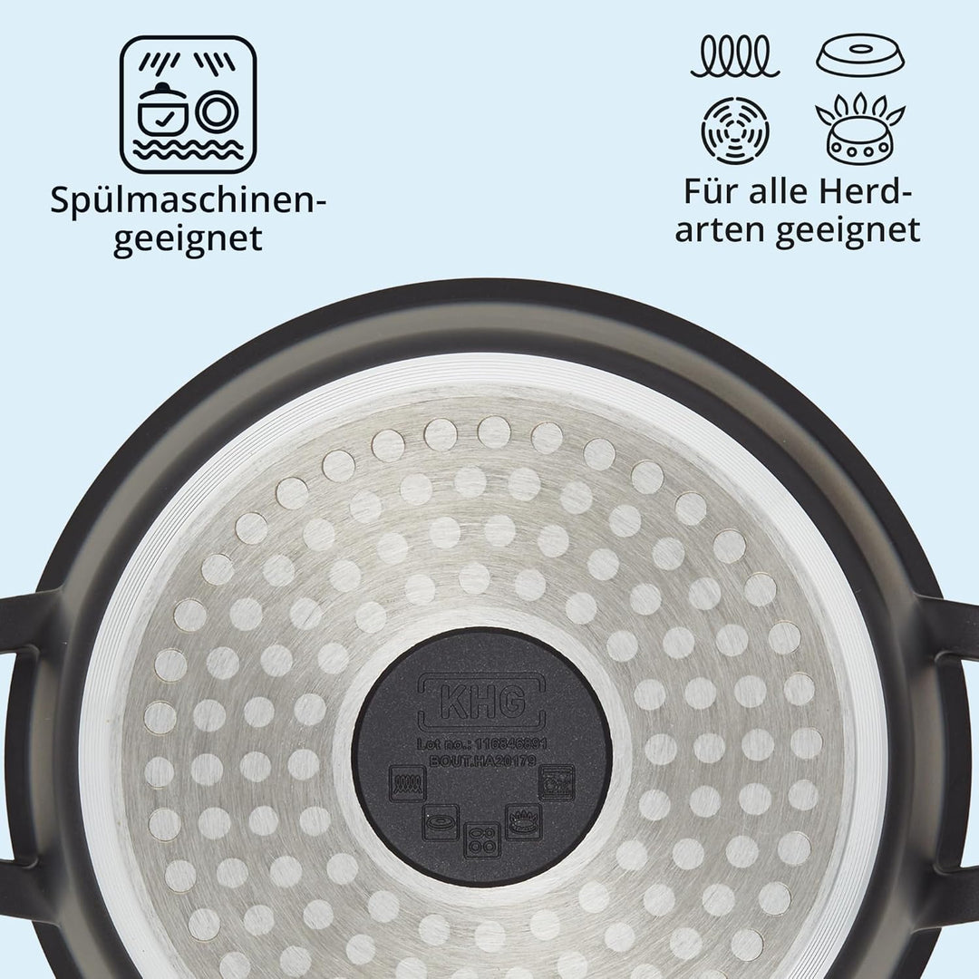 KHG Topf Kochtopf 20 cm Induktion Antihaftbeschichtung 2 Liter | Schwarz Aluminium mit Glasdeckel |