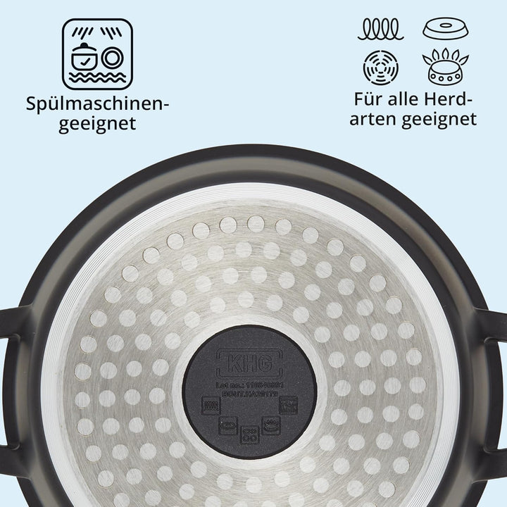 KHG Topf Kochtopf 20 cm Induktion Antihaftbeschichtung 2 Liter | Schwarz Aluminium mit Glasdeckel |