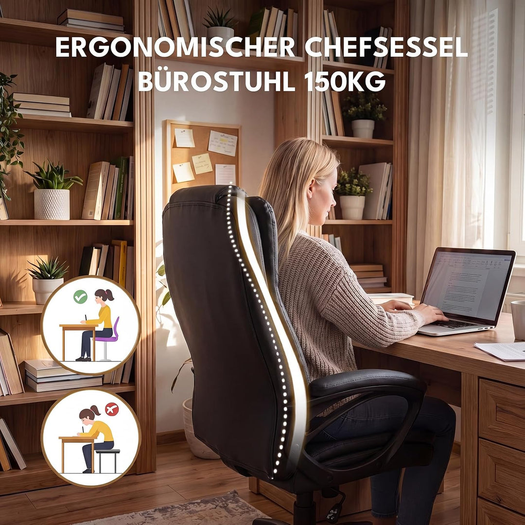 Bürostuhl mit Wippfunktion 150kg, Chefsessel Hohe Rückenlehne | Schreibtischstuhl Ergonomisch, Zonen