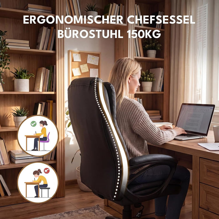 Bürostuhl mit Wippfunktion 150kg, Chefsessel Hohe Rückenlehne | Schreibtischstuhl Ergonomisch, Zonen