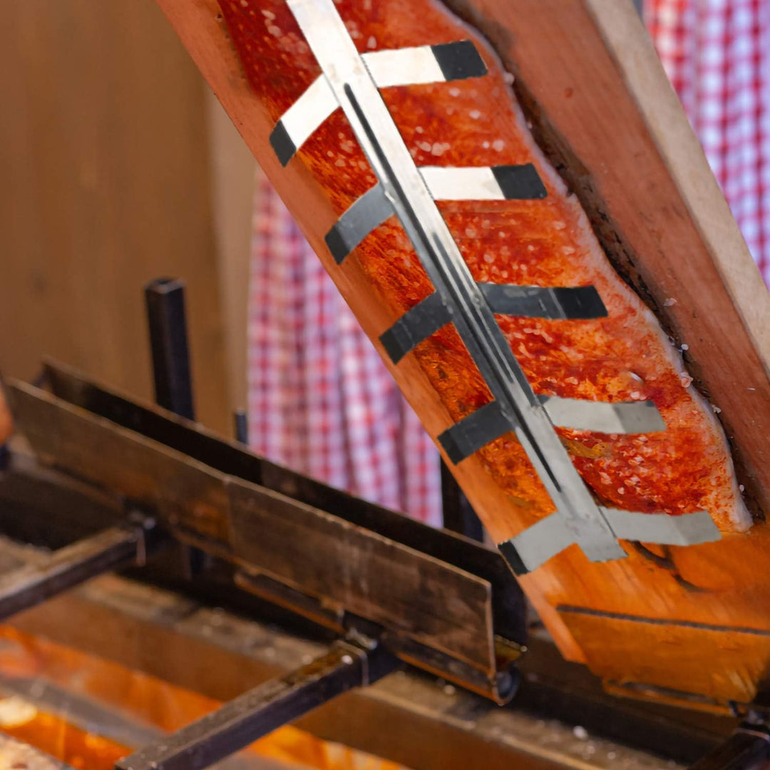 Lachsbrett, Flammlachs-Bretter, Zedernholz, neigbare Edelstahl-Halterung, 4er-Set (Flammlachsbretter
