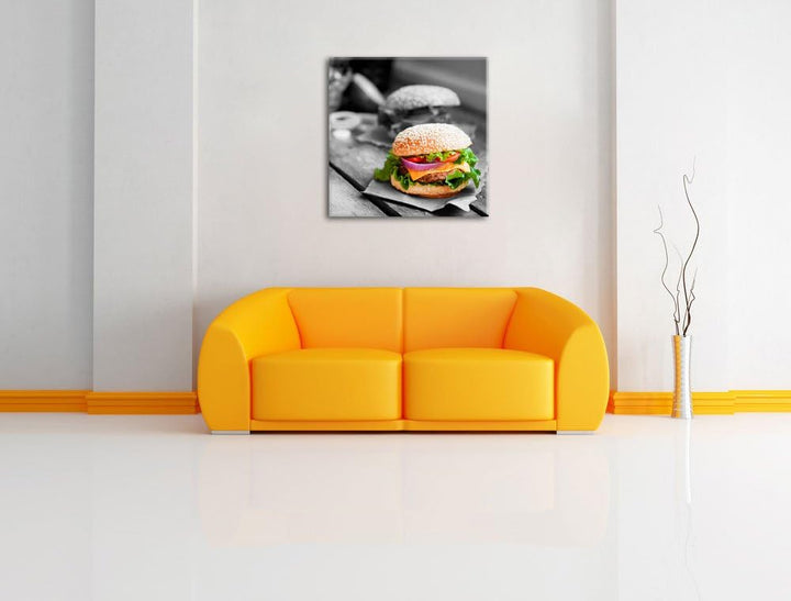 Pixxprint Leckere Burger als Leinwandbild/Grösse: 70x70 cm/Wandbild/Kunstdruck/fertig bespannt, 70x7