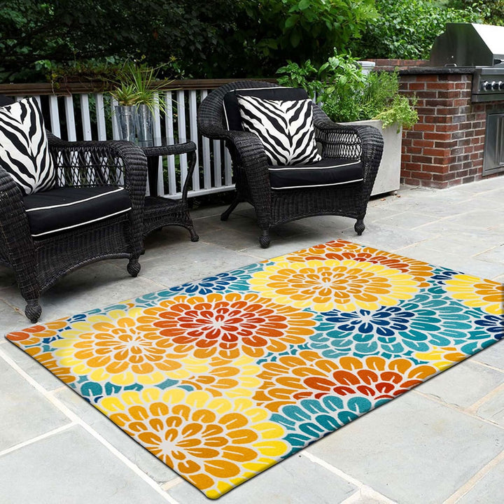 DECOMALL Sunshine Outdoor Teppich Wetterfest, Florale Teppich UV-beständig, Bunte Blumen Aussenteppi