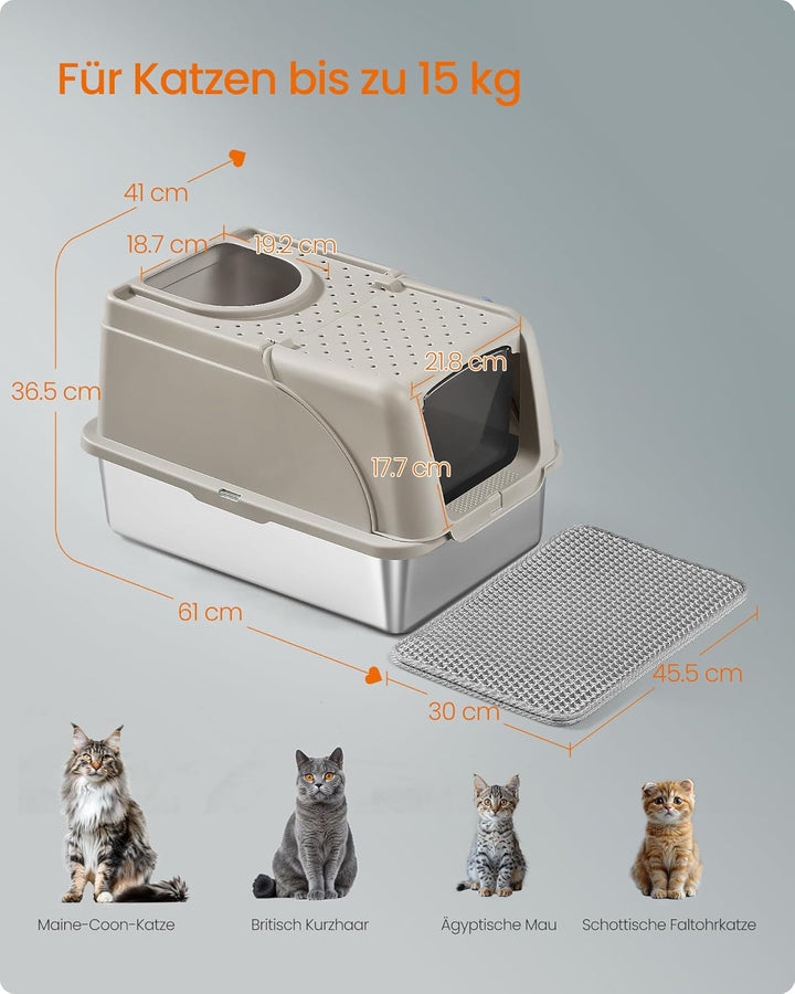 Feandrea Katzenklo Edelstahl, XL, Katzentoilette mit Deckel, mit Schaufel, Bürste und 2 Eingängen, f