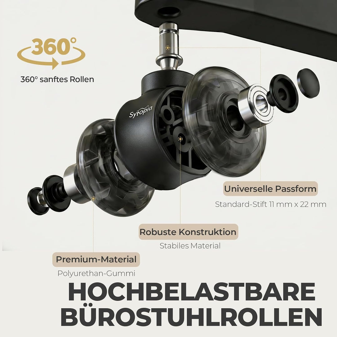 Sytopia Bürostuhl Rollen 11mm x 22 mm, 5er Set Rollen für Bürostühle, Hartbodenrollen für Bürostuhl
