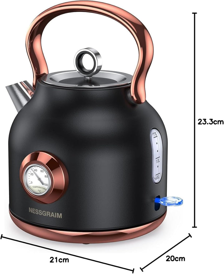 NESSGRAIM Retro Wasserkocher, 1,7 l Edelstahl-Teekessel mit Grosser Temperaturanzeige, 2200W Schnell