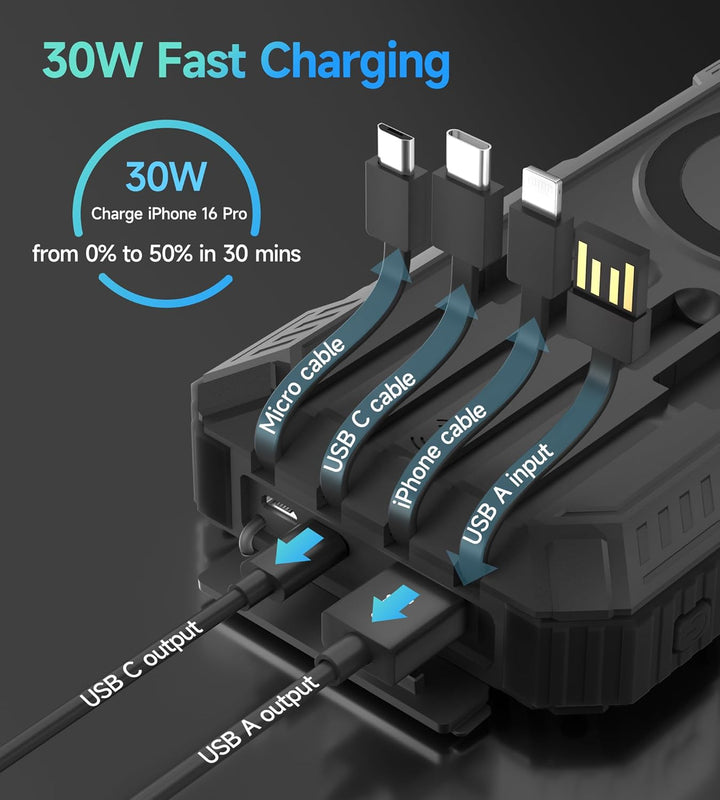 Solar Powerbank 56800mAh, 30W Solarladegeräte PD 3.0A USB C Schnellladen mit 4 Kabeln, 3 Port (2 USB