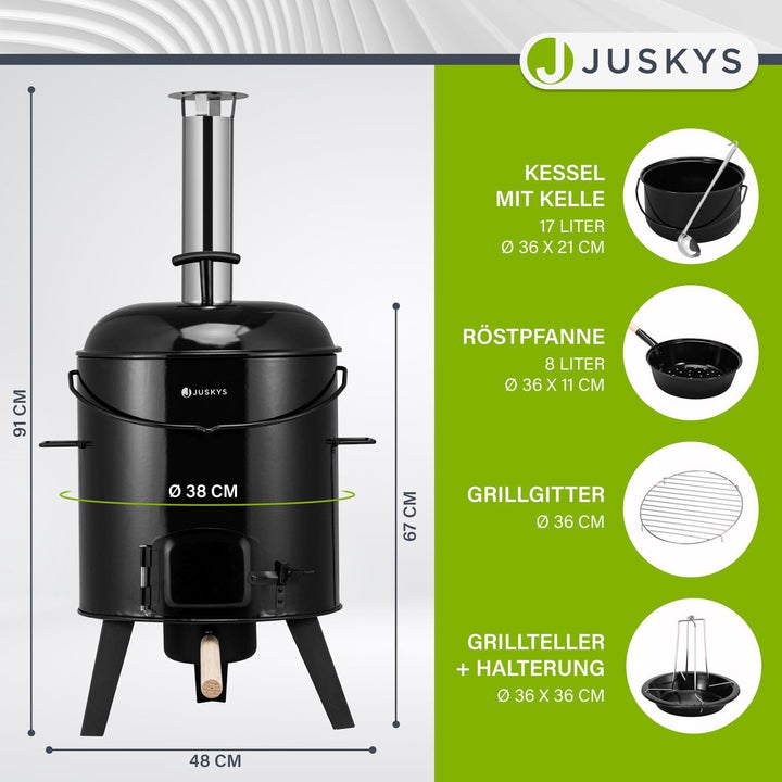 Juskys Gulaschkanone 17 Liter mit Kessel & Pfanne - Outdoor Ofen zum Kochen, Braten & Grillen - Gula