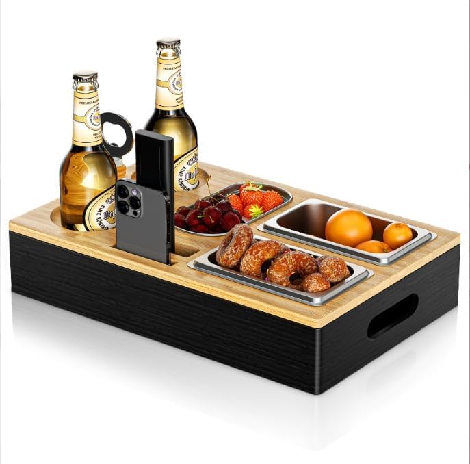 Auauraintt Sofa Tablett, Couchbar Snackbox, Mit Snackschalen Aus Edelstahl,mit Abnehmbarer Deckel, d