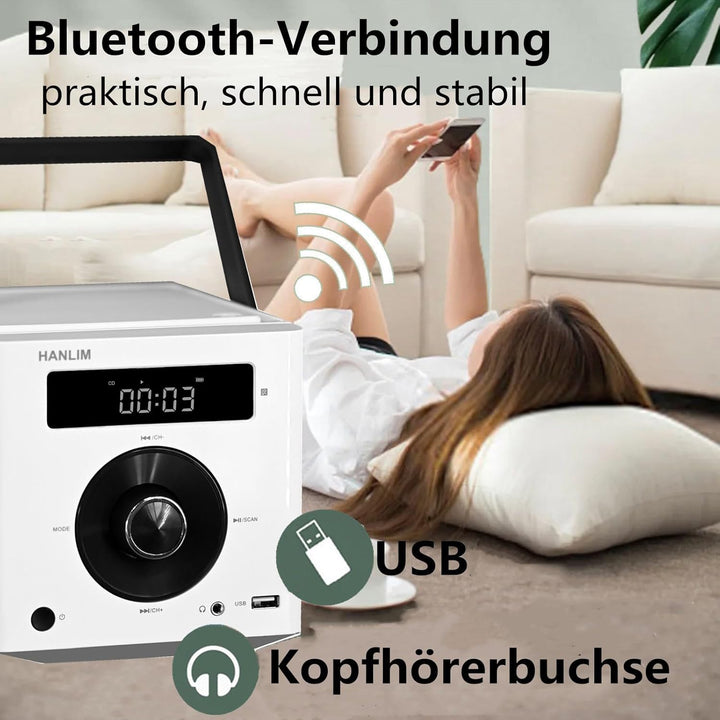 HANLIM Tragbarer CD-Player 20W Bluetooth-kompatibel/UKW-Radio/MP3-Wiedergabe/USB/AUX-Eingang/Kopfhör