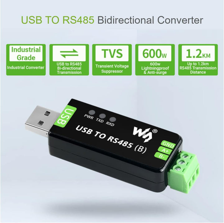 Waveshare Industrial USB to RS485 Converter with original CH343G and SP485EEN 300bps ~ 3Mbps Baudrat