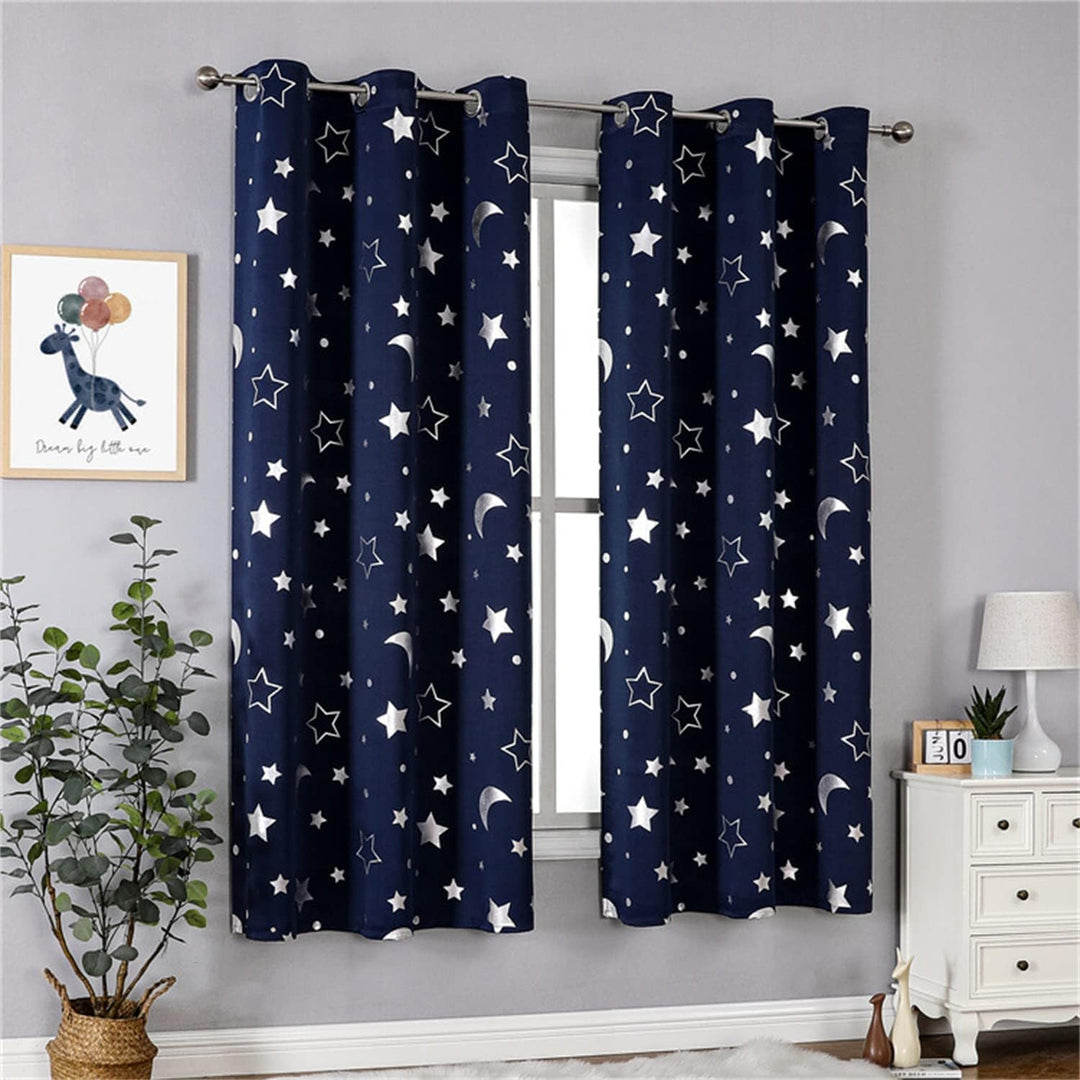 Freyamy Vorhang Blickdicht Dunkelblau Mond Sternenvorhänge 2 Stück,130x100cm (HxB) Niedliche Vorhäng