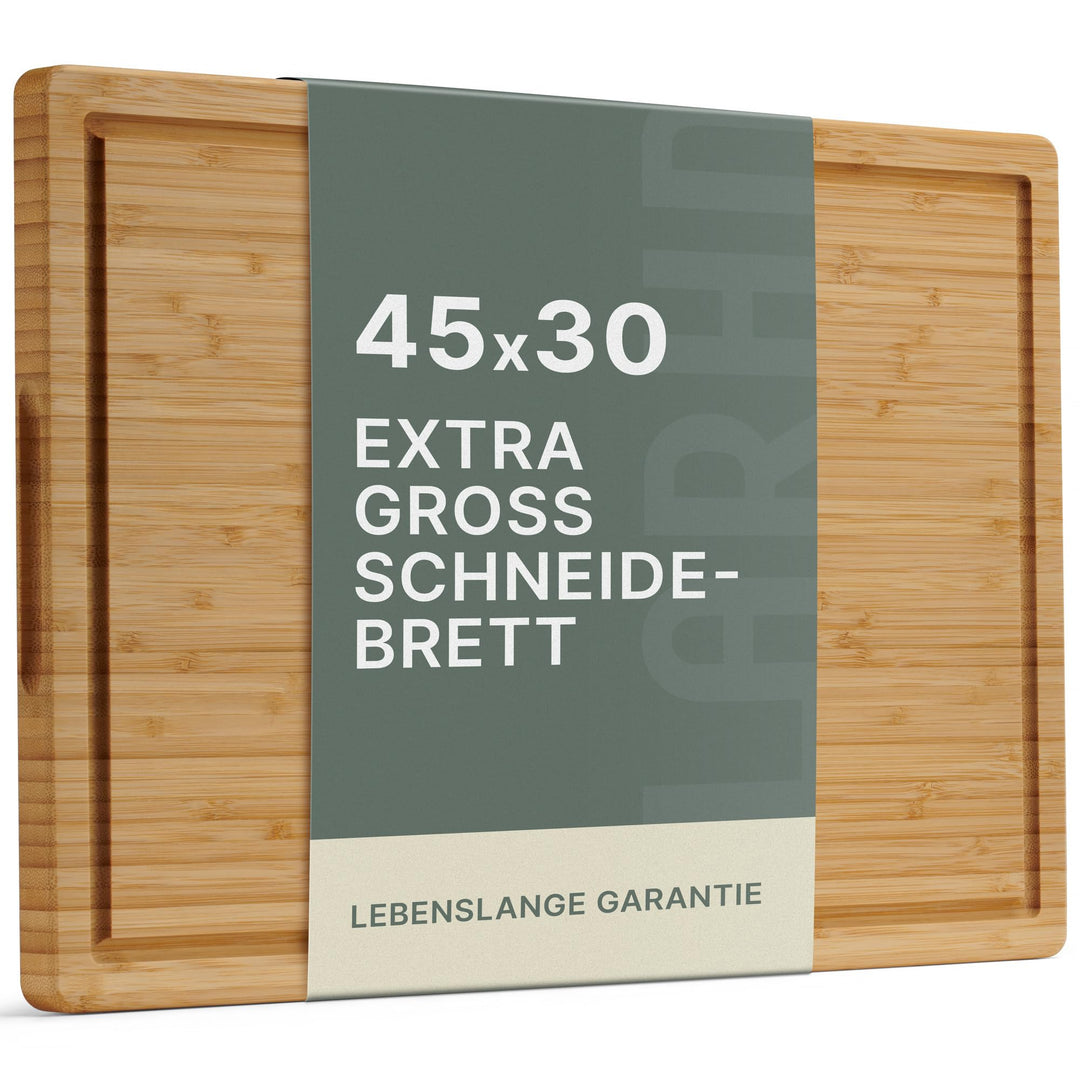 LARHN Bambus Schneidebrett Holz mit Griff & Saftrille - 44,5x30x2 cm | Massiv, vertikal verleimt, pl