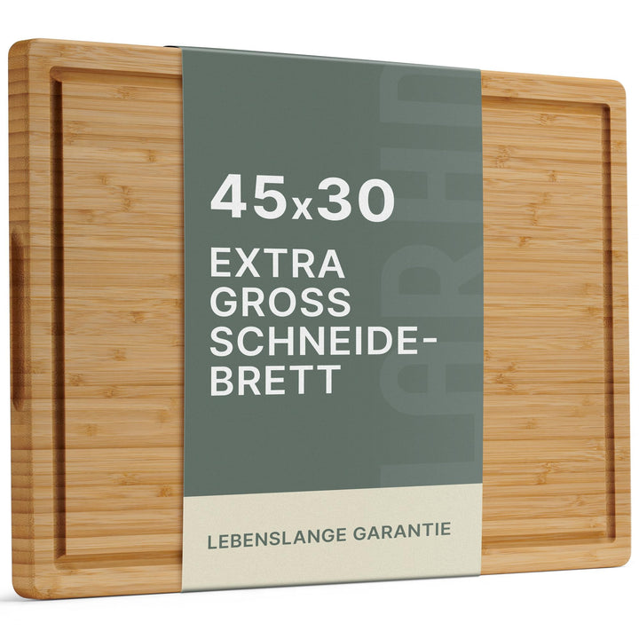 LARHN Bambus Schneidebrett Holz mit Griff & Saftrille - 44,5x30x2 cm | Massiv, vertikal verleimt, pl