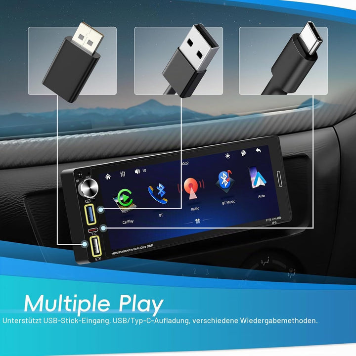 Hikity Autoradio mit Bildschirm 1 Din Wireless CarPlay Android Auto, 6,9 Zoll HD Touchscreen Radio B