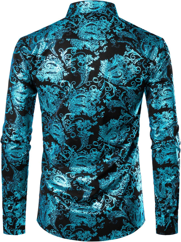 PARKLEES Herren Luxus Paisley Gemustert Golden Glänzend Slim Fit Freizeithemd M Schwarz Türkis, M Sc
