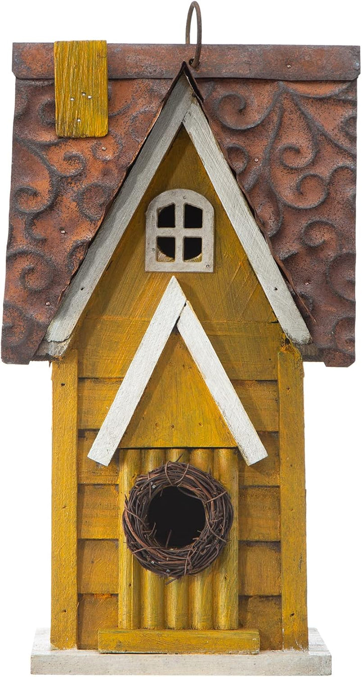 Glitzhome GH90085 Hängendes Vogelhaus aus Holz im Used-Look, Gelb, gelb