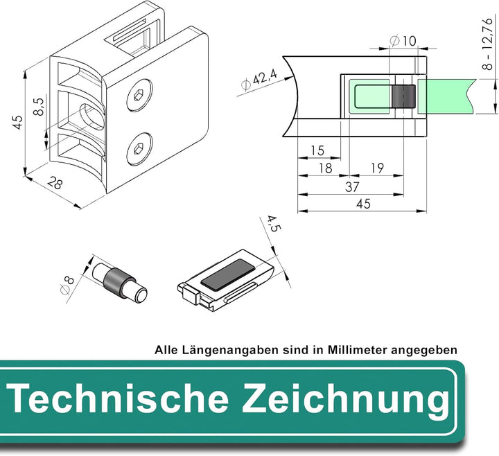 PRIOstahl Glashalter 4 Stück Glasklemmen Klemmhalter Glasplattenhalter mit Sicherungsplatte + Sicher