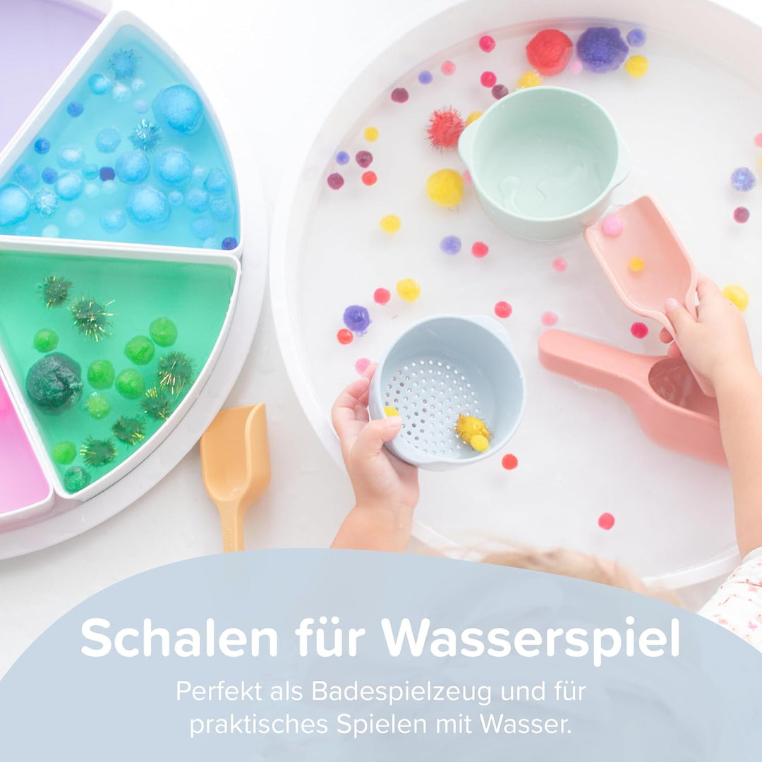 Inspire My Play – 3 x Koralle Stapelbare Silikonschalen und Sieb – Perfektes Zubehör für Sensory Pla