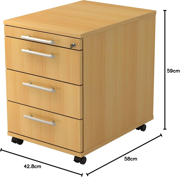 Bümö® Rollcontainer mit 3 Schüben & Schloss | Bürocontainer aus Holz | Tischcontainer mit Rollen | i