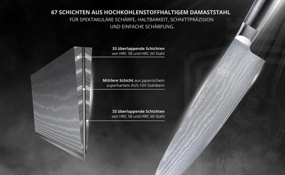 Bacher Santoku Damastmesser 18 cm - Damast Küchenmesser Geschmiedet aus 67 Legen AUS 10V - Profi Sch