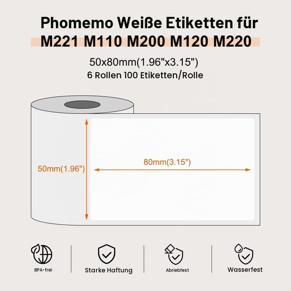 Phomemo M110/M200/M220/M221/M120 Selbstklebende Etiketten, 1.97"x3.15"(50x80mm) Thermoetiketten papi