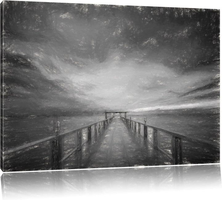 Pixxprint Endloser Steg ins Meer im Sonnenuntergang Kohle Zeichnung Effekt, Format: 100x70 auf Leinw
