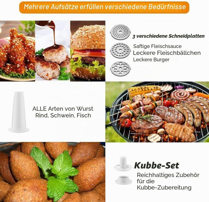 COOCHEER Elektrischer Fleischwolf &amp; Wurstmaschine 3-IN-1 Multi Fleischwolf mit 3 Edelstahl-Schleifpl