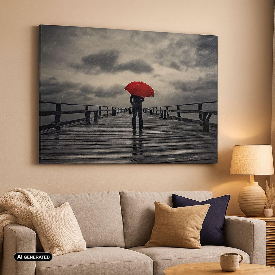 Bilder auf Leinwand 100x70cm Leinwandbild mit Rahmen Meer Brücke Sturm Gross Wanddeko Bild Schlafzim