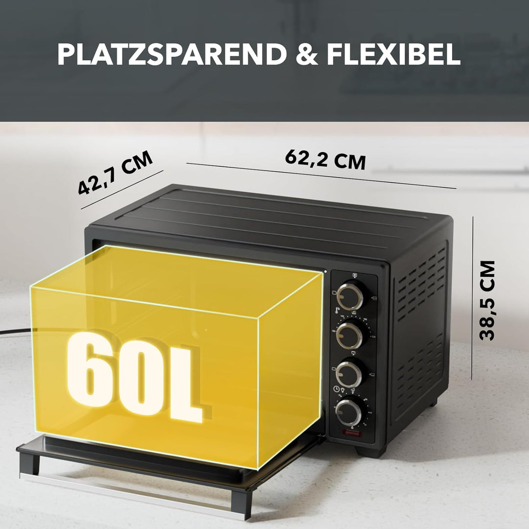 Heinrich´s Minibackofen mit Umluft 60L - Backofen klein mit Drehspiess, Airfryer-Einsatz inkl. Timer