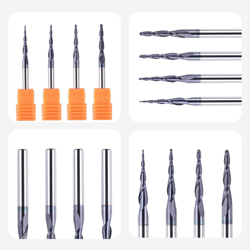 SpeTool 4 Stück 2 Flöten Kugelkopffräser mit Konischer Spitze Fräser CNC R0,25mm-1,0mm Gravierfräser