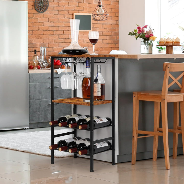 YBING Weinregal, Freistehend, Boden-Weinbarregal mit Glashalter und Tischplatte, 8 Flaschen, Holz-We
